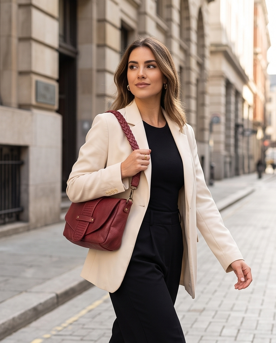 Q-VERVE Vintage Braided Calfskin Shoulder Bag – Italian Leather, Flap Closure & Feminine Design