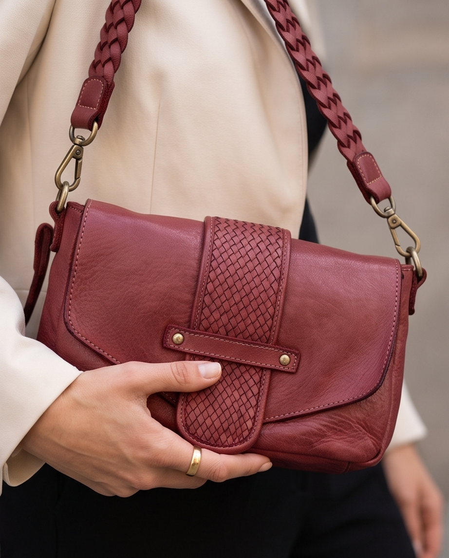 Q-VERVE Vintage Braided Calfskin Shoulder Bag – Italian Leather, Flap Closure & Feminine Design
