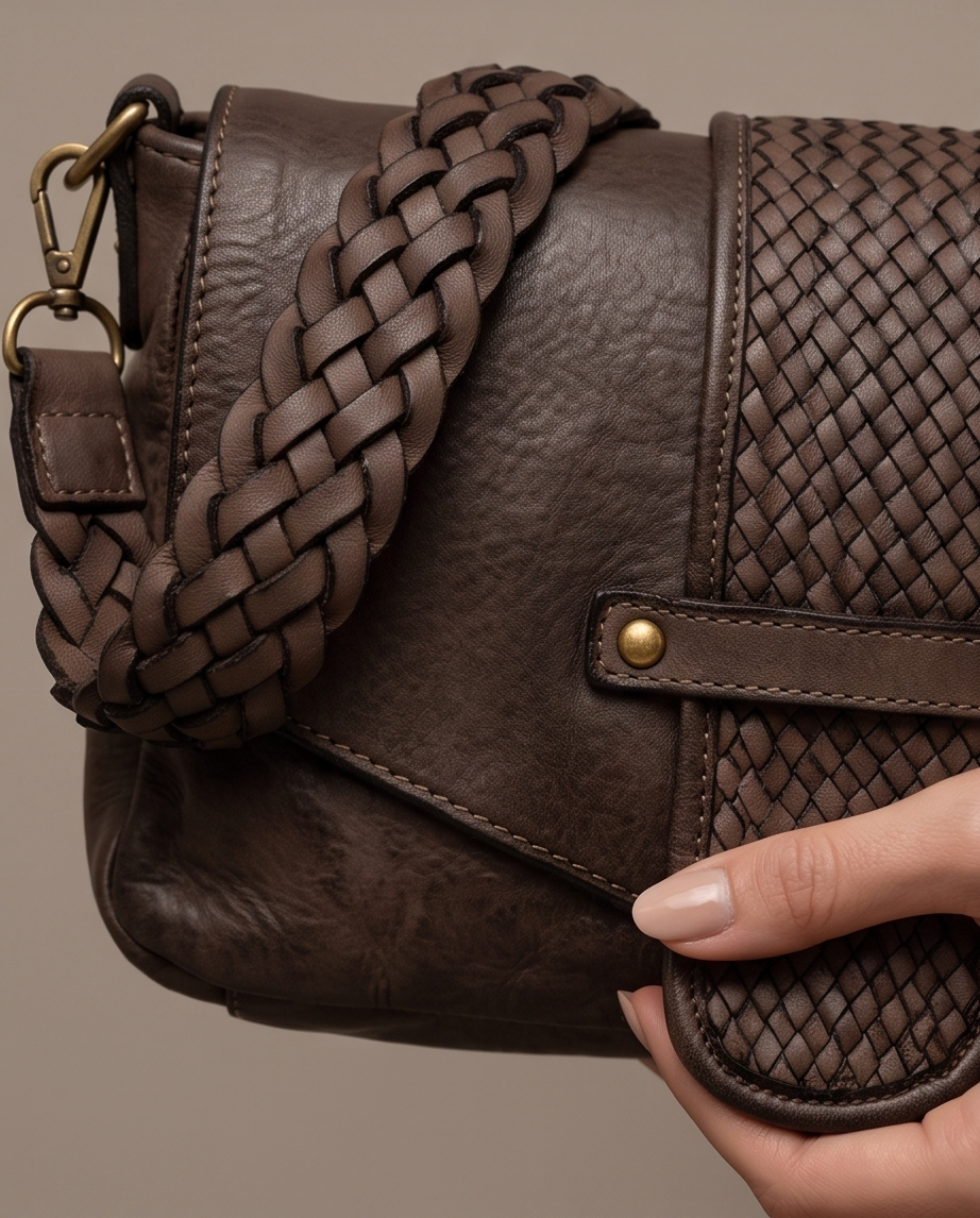 Q-VERVE Vintage Braided Calfskin Shoulder Bag – Italian Leather, Flap Closure & Feminine Design