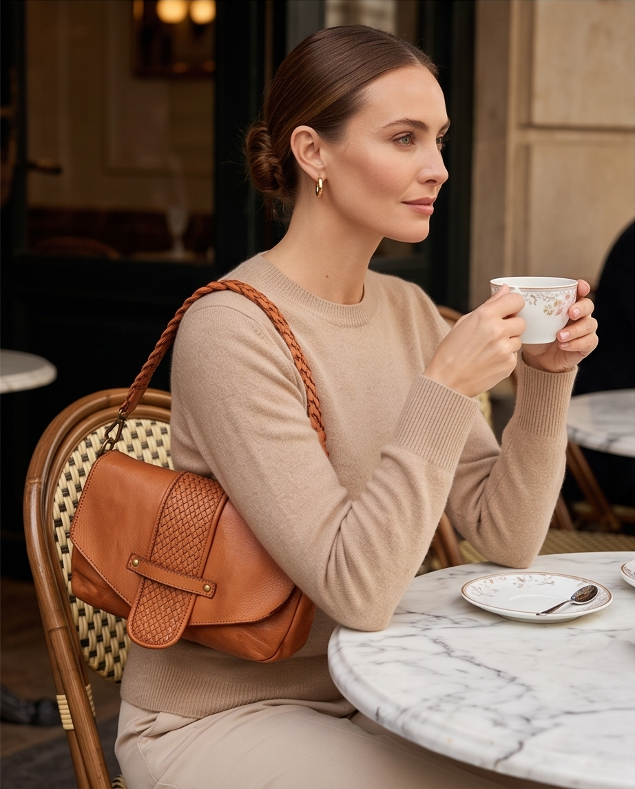 Q-VERVE Vintage Braided Calfskin Shoulder Bag – Italian Leather, Flap Closure & Feminine Design