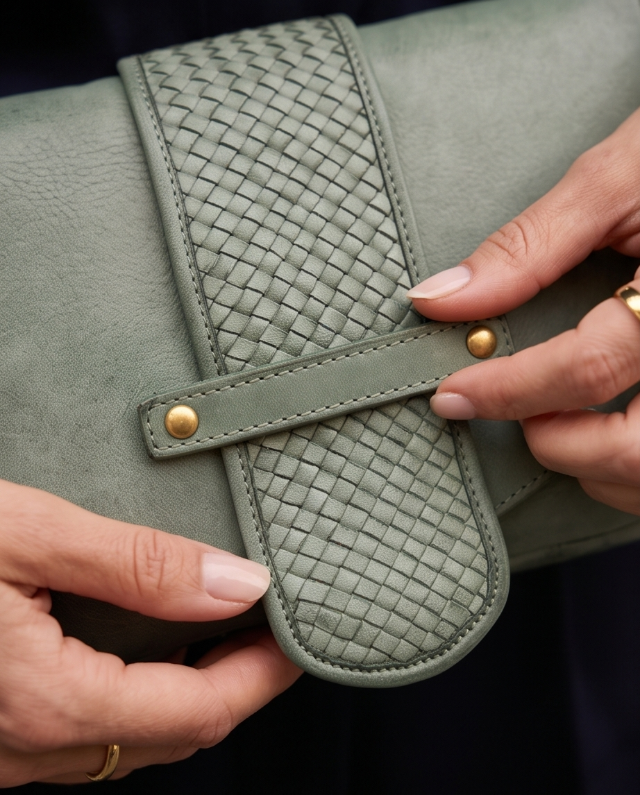 Q-VERVE Vintage Braided Calfskin Shoulder Bag – Italian Leather, Flap Closure & Feminine Design
