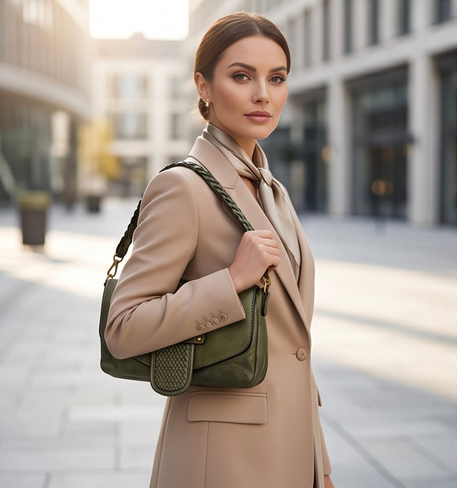 Q-VERVE Vintage Braided Calfskin Shoulder Bag – Italian Leather, Flap Closure & Feminine Design