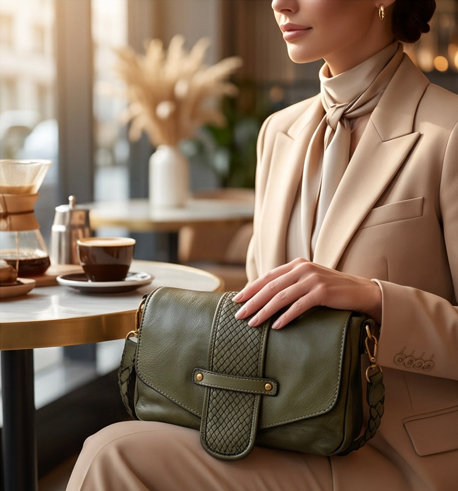 Q-VERVE Vintage Braided Calfskin Shoulder Bag – Italian Leather, Flap Closure & Feminine Design