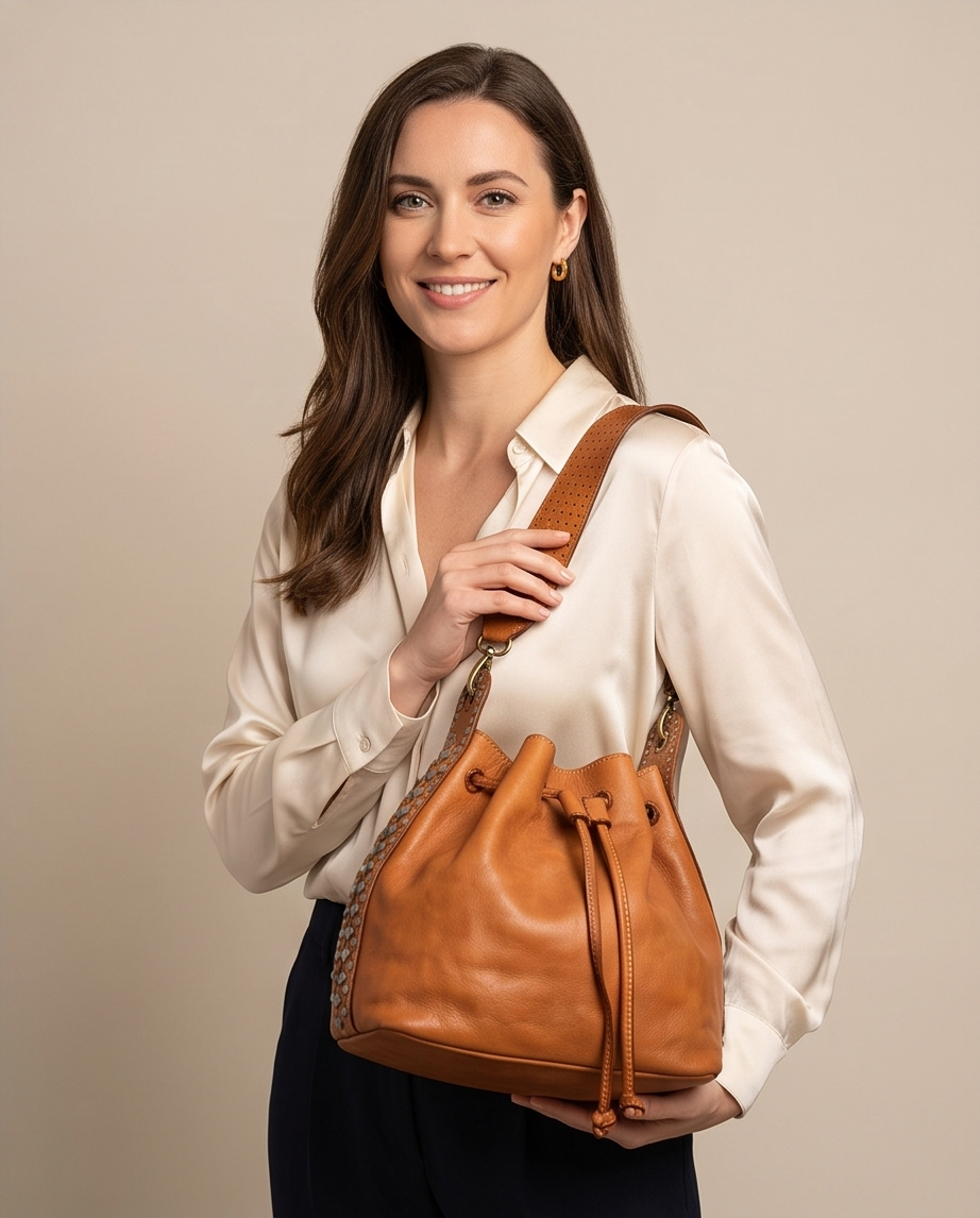 Q-WONDER Vintage Studded Calfskin Bucket Bag – Italian Leather, Hammered Studs & Geometric Design
