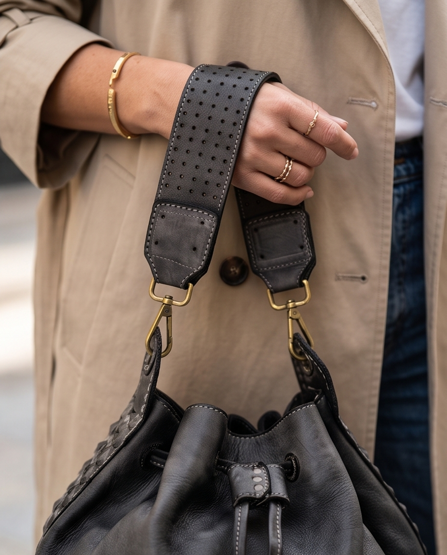 Q-WONDER Vintage Studded Calfskin Bucket Bag – Italian Leather, Hammered Studs & Geometric Design