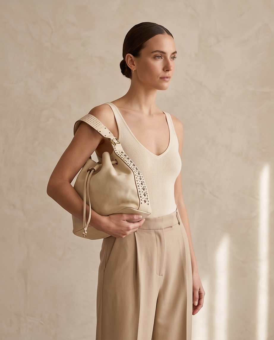 Q-WONDER Vintage Studded Calfskin Bucket Bag – Italian Leather, Hammered Studs & Geometric Design