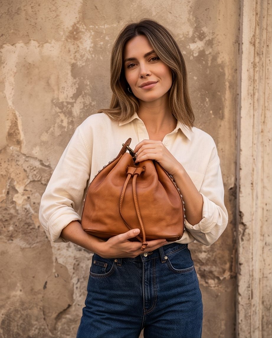 Q-WONDER Vintage Studded Calfskin Bucket Bag – Italian Leather, Hammered Studs & Geometric Design