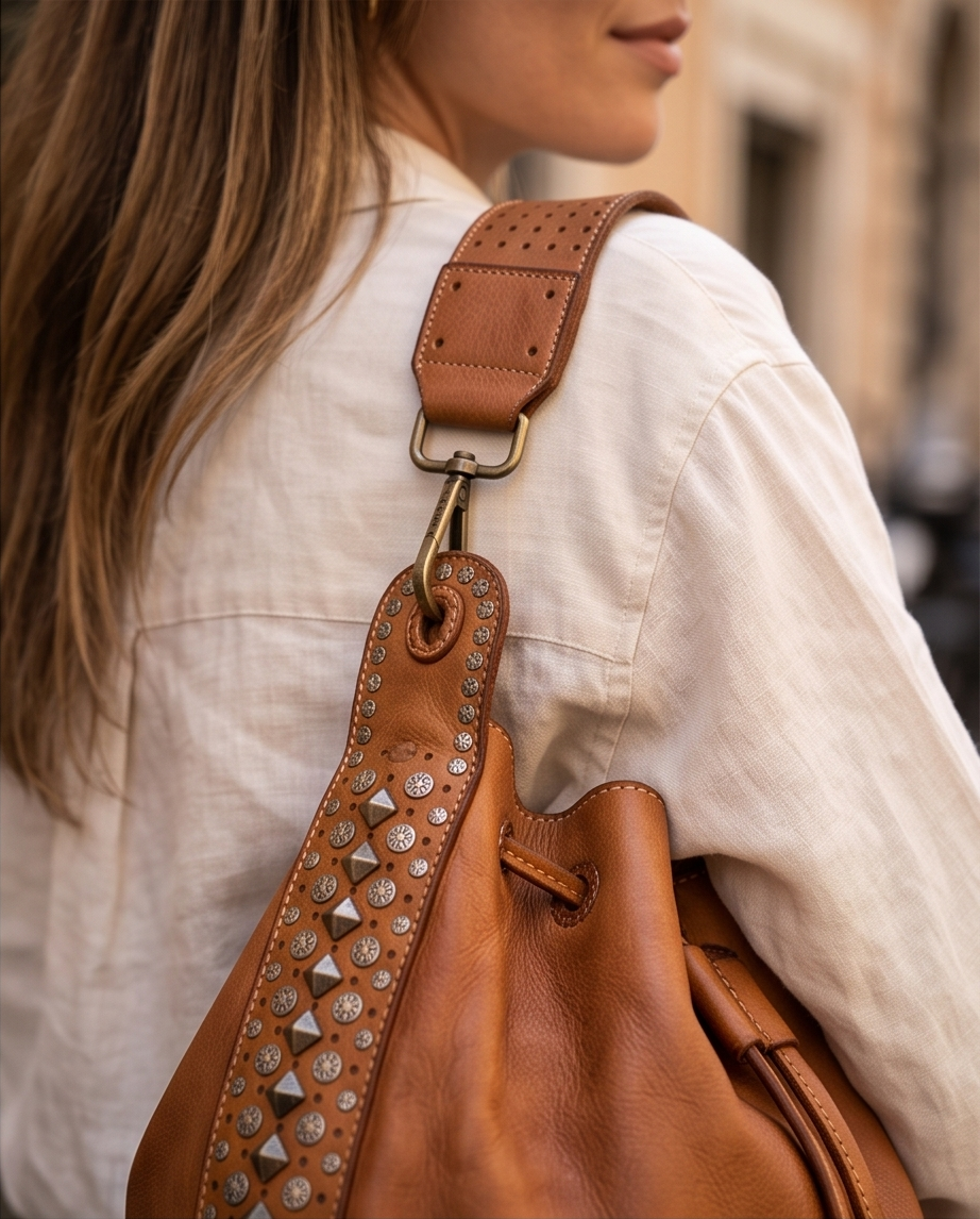 Q-WONDER Vintage Studded Calfskin Bucket Bag – Italian Leather, Hammered Studs & Geometric Design