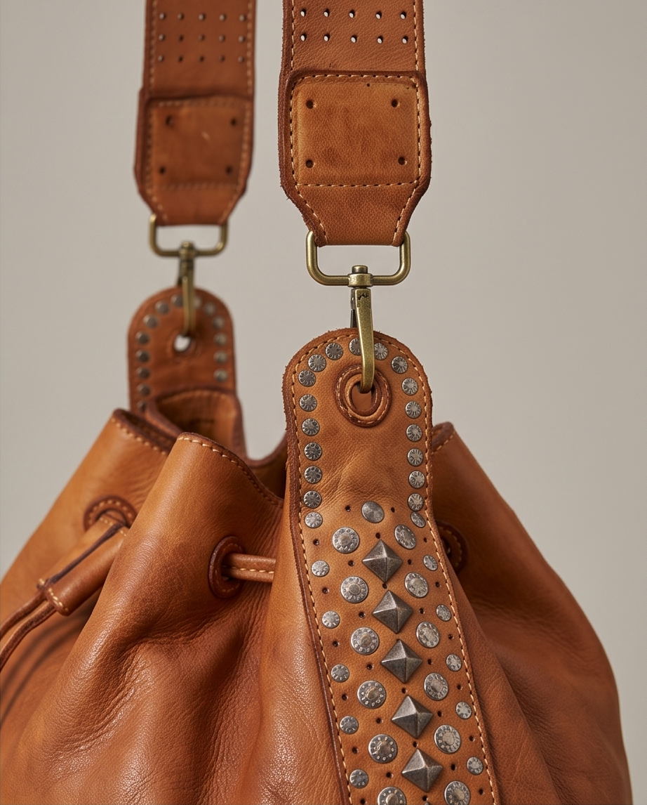 Q-WONDER Vintage Studded Calfskin Bucket Bag – Italian Leather, Hammered Studs & Geometric Design