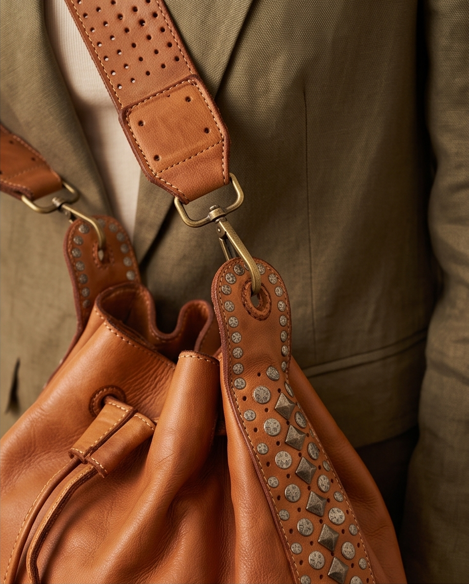 Q-WONDER Vintage Studded Calfskin Bucket Bag – Italian Leather, Hammered Studs & Geometric Design