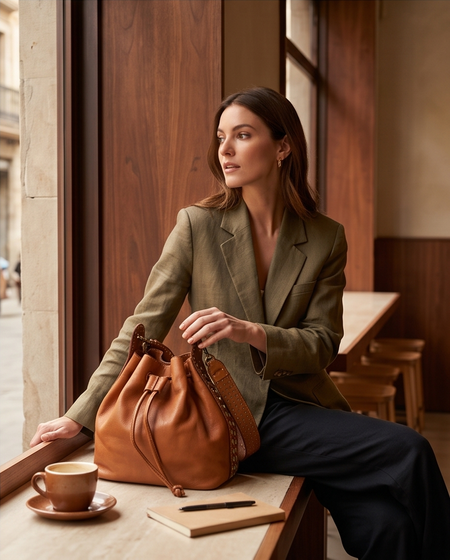 Q-WONDER Vintage Studded Calfskin Bucket Bag – Italian Leather, Hammered Studs & Geometric Design