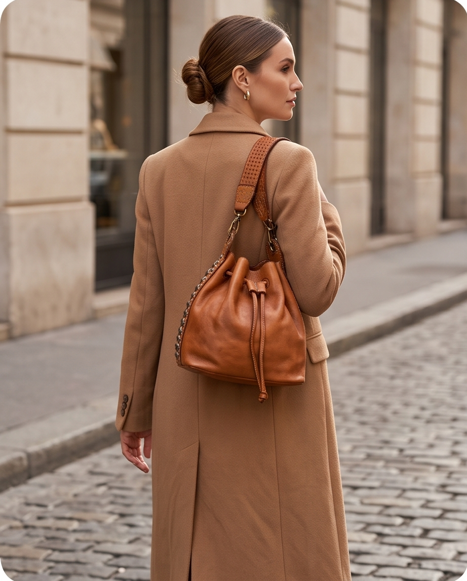 Q-WONDER Vintage Studded Calfskin Bucket Bag – Italian Leather, Hammered Studs & Geometric Design