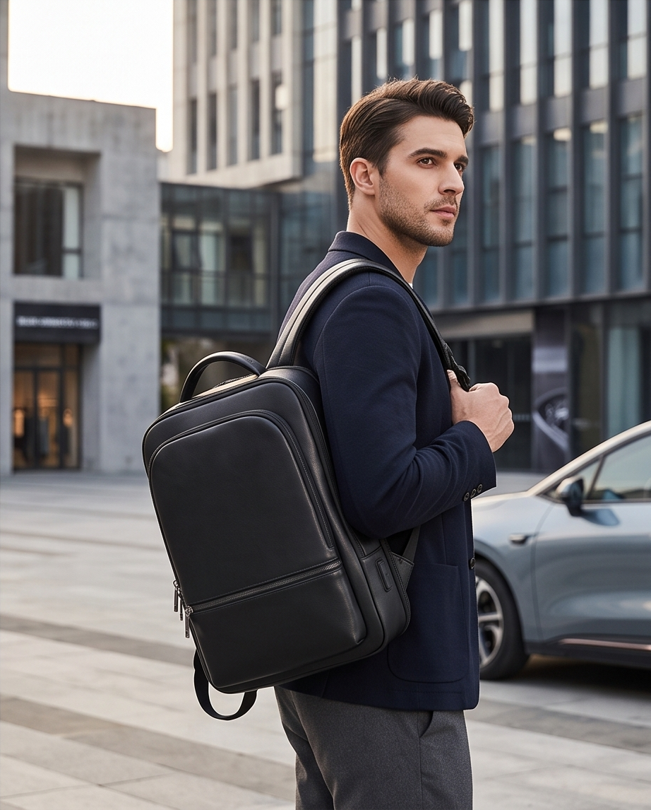 Q-NINJAHOOD Genuine Leather Laptop Backpack – USB Charging, TSA Lay-Flat & Breathable Back Support