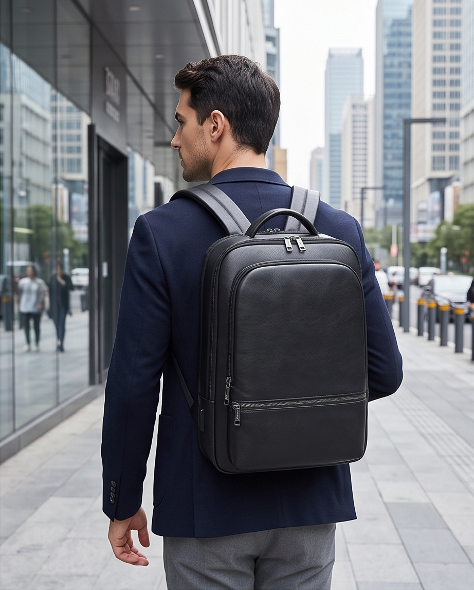 Q-NINJAHOOD Genuine Leather Laptop Backpack – USB Charging, TSA Lay-Flat & Breathable Back Support