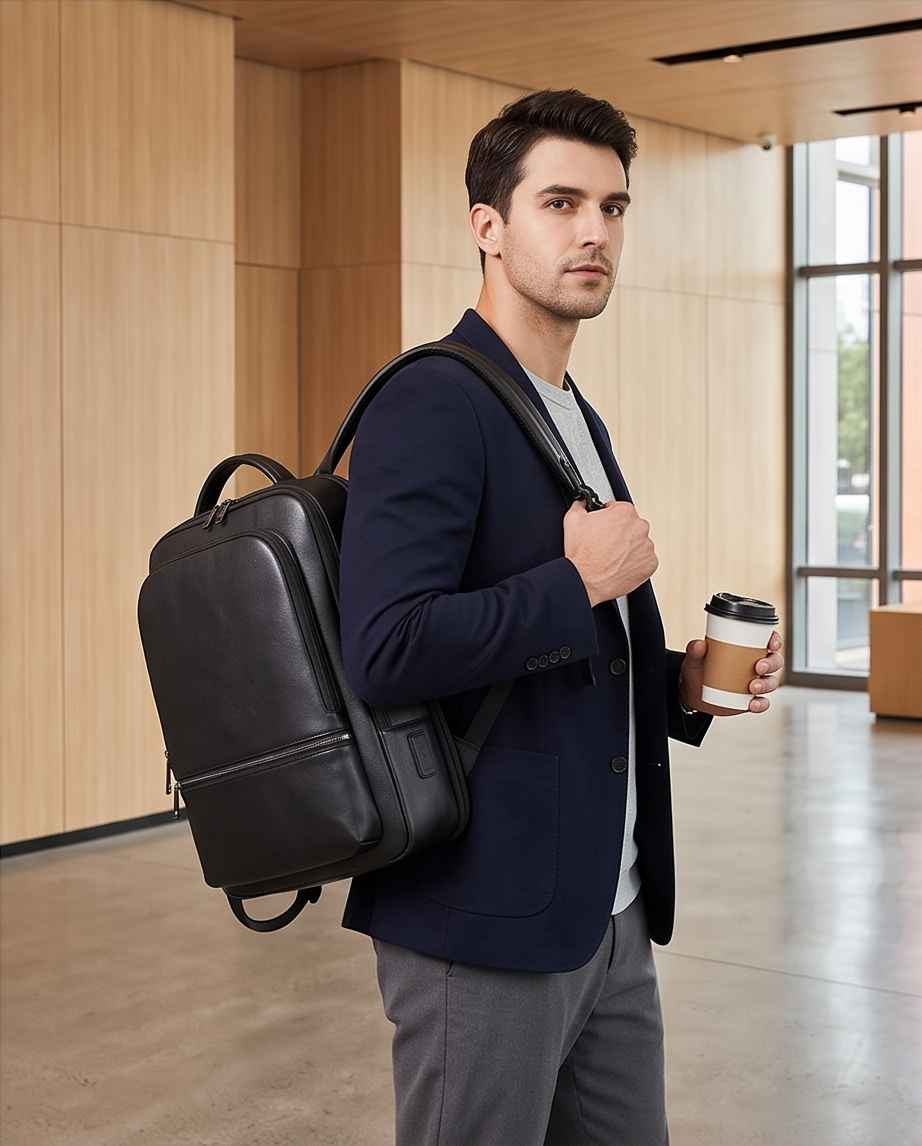 Q-NINJAHOOD Genuine Leather Laptop Backpack – USB Charging, TSA Lay-Flat & Breathable Back Support