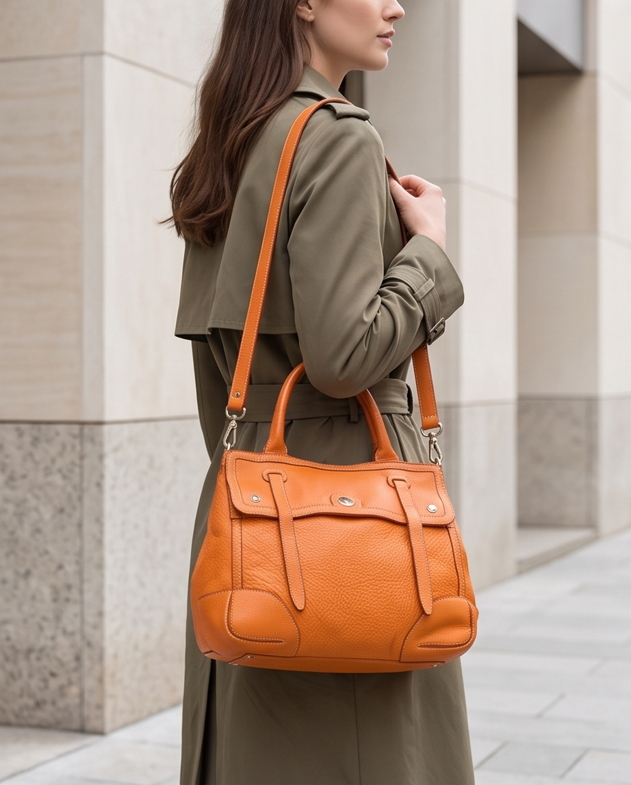 Q-TENORO Vintage Smooth Calfskin Bag – Italian Leather, Zip & Magnetic Flap Closure