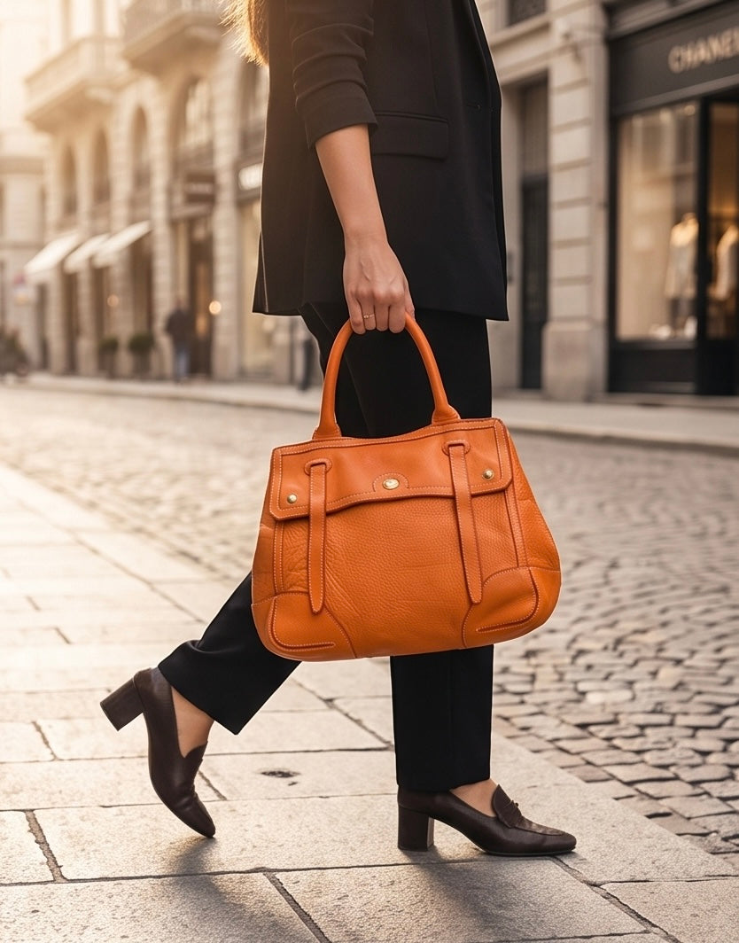 Q-TENORO Vintage Smooth Calfskin Bag – Italian Leather, Zip & Magnetic Flap Closure