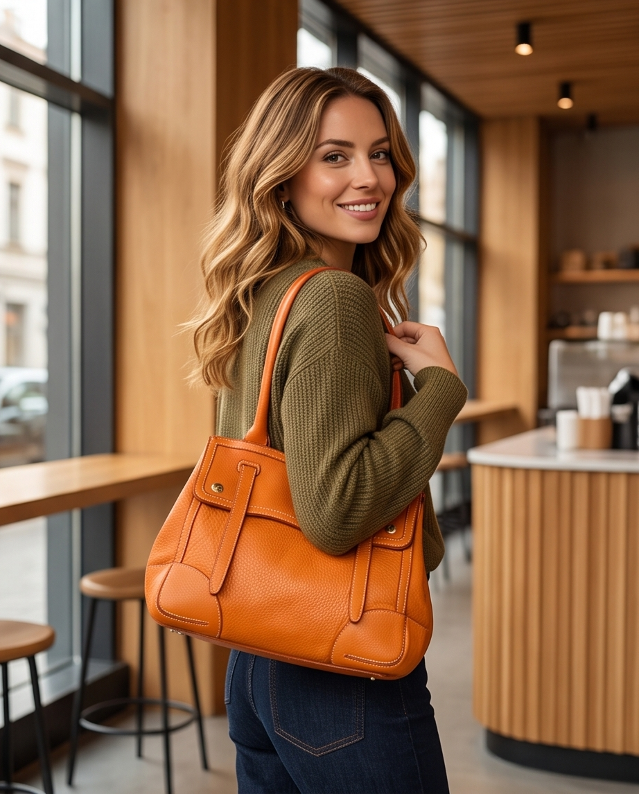 Q-TENORO Vintage Smooth Calfskin Bag – Italian Leather, Zip & Magnetic Flap Closure
