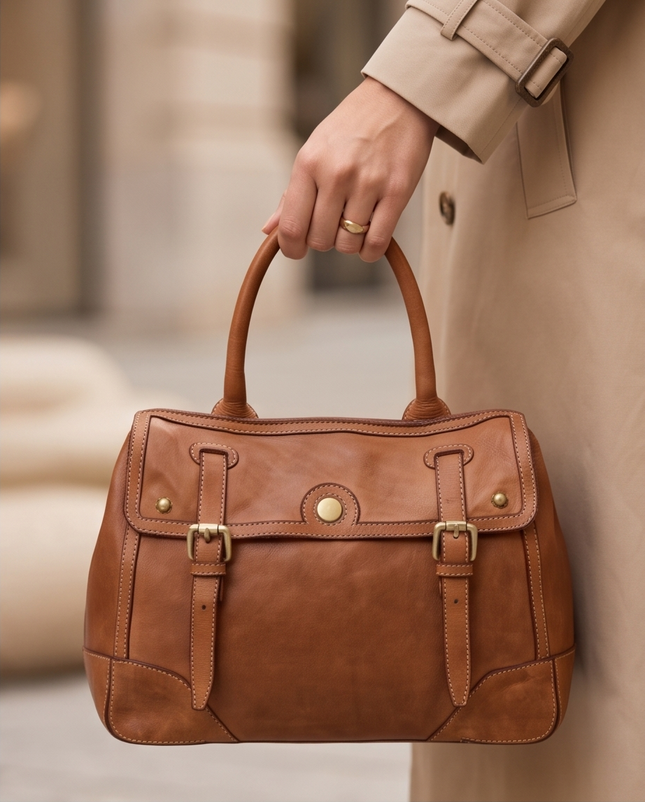 Q-TENORO Vintage Smooth Calfskin Bag – Italian Leather, Zip & Magnetic Flap Closure