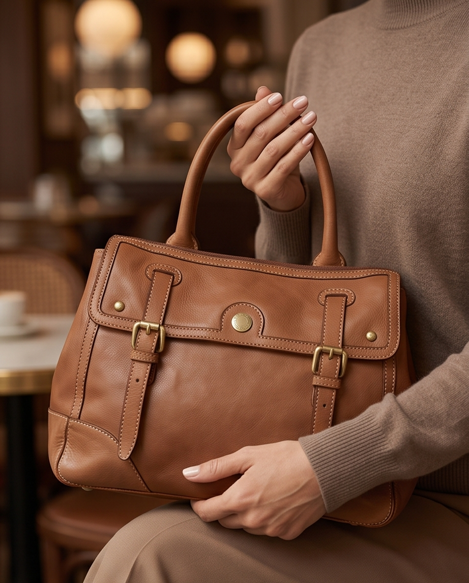 Q-TENORO Vintage Smooth Calfskin Bag – Italian Leather, Zip & Magnetic Flap Closure