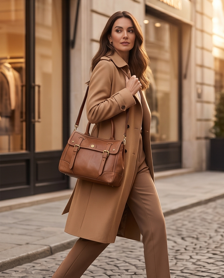 Q-TENORO Vintage Smooth Calfskin Bag – Italian Leather, Zip & Magnetic Flap Closure