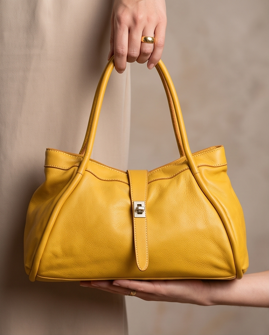 Q-LUNARA Vintage Smooth Calfskin Bag – Italian Leather, Zip & Buckle Closure, Medium