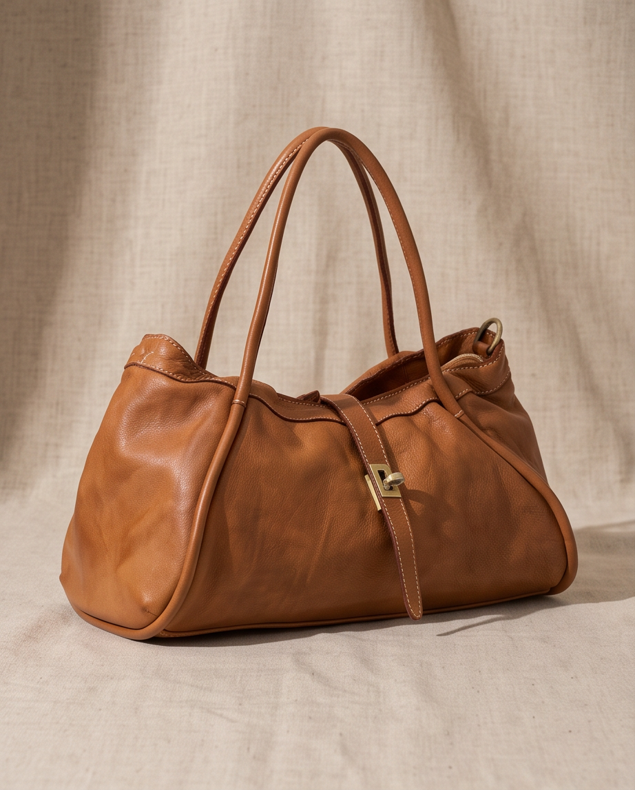 Q-LUNARA Vintage Smooth Calfskin Bag – Italian Leather, Zip & Buckle Closure, Medium
