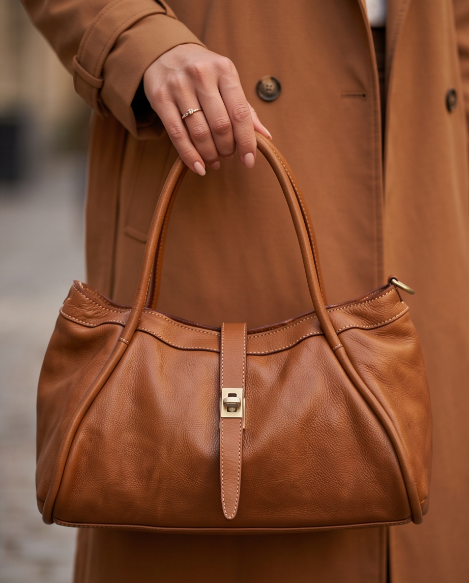 Q-LUNARA Vintage Smooth Calfskin Bag – Italian Leather, Zip & Buckle Closure, Medium