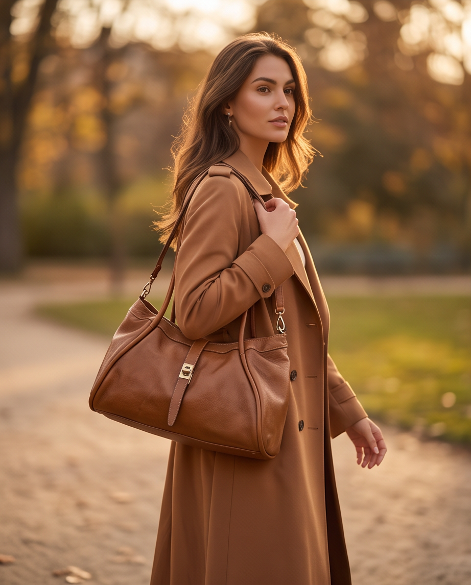 Q-LUNARA Vintage Smooth Calfskin Bag – Italian Leather, Zip & Buckle Closure, Medium