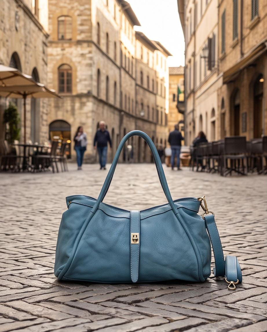 Q-LUNARA Vintage Smooth Calfskin Bag – Italian Leather, Zip & Buckle Closure, Medium