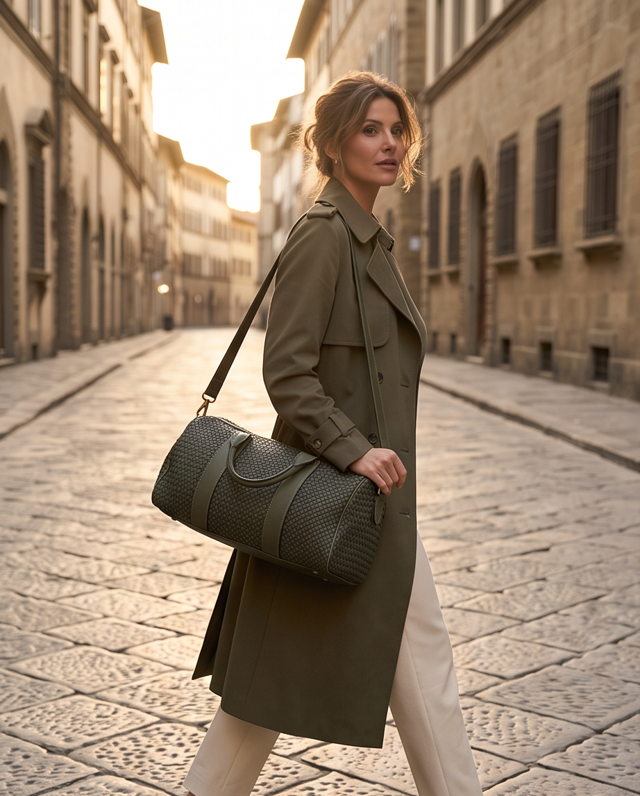 Q-ISLA Woven Leather Duffel Bag – Full-Grain Italian Calfskin, Garment-Dyed & Brass Hardware