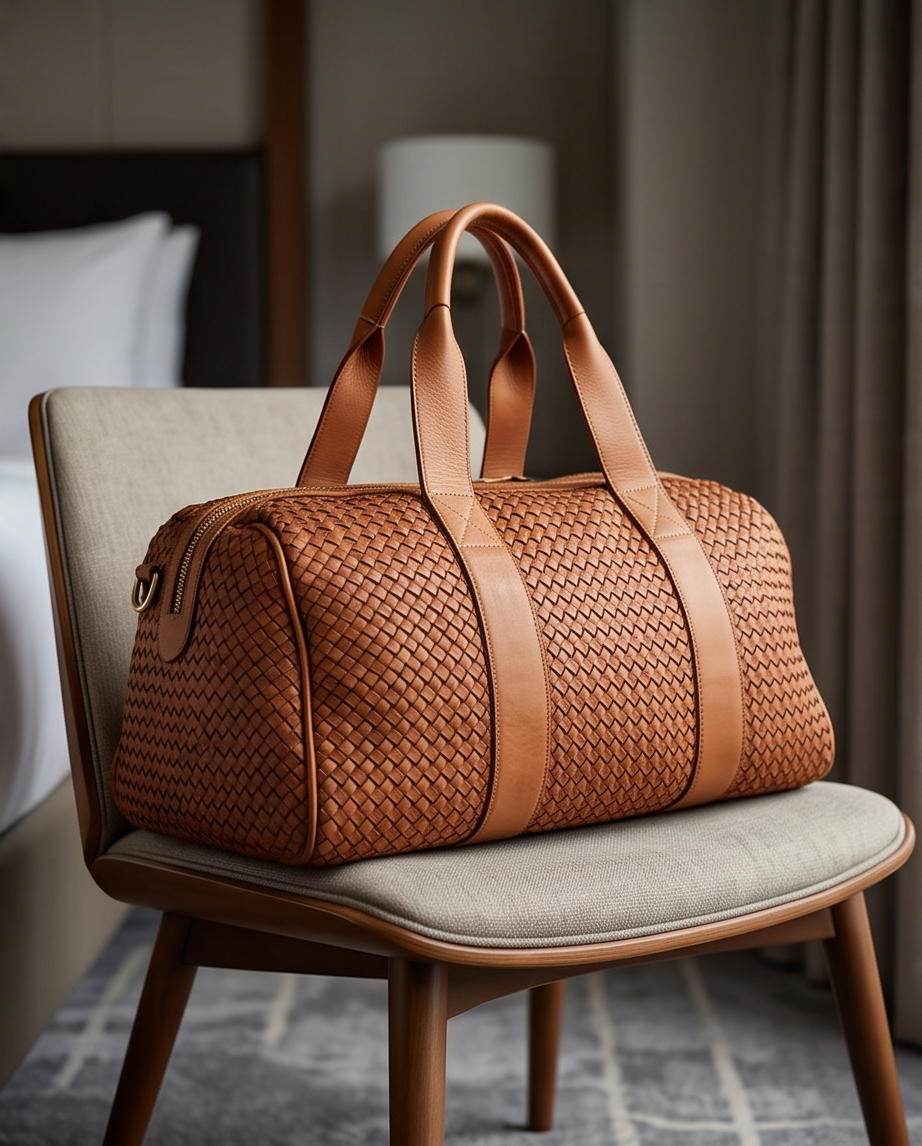 Q-ISLA Woven Leather Duffel Bag – Full-Grain Italian Calfskin, Garment-Dyed & Brass Hardware