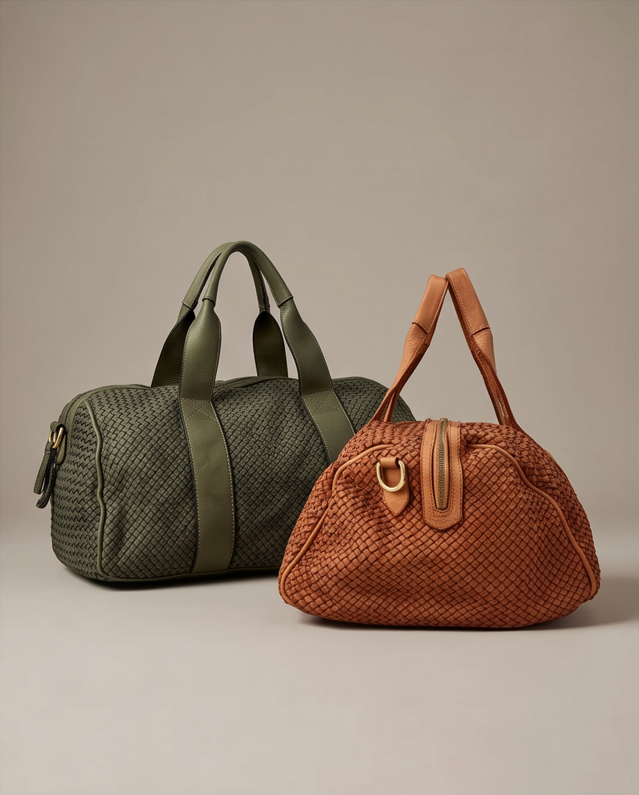 Q-ISLA Woven Leather Duffel Bag – Full-Grain Italian Calfskin, Garment-Dyed & Brass Hardware