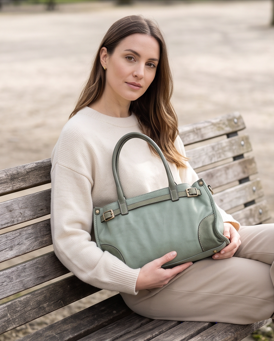Q-SOFIA Vintage Smooth Calfskin Bag – Italian Leather, Zip-Top & Adjustable Strap, Small