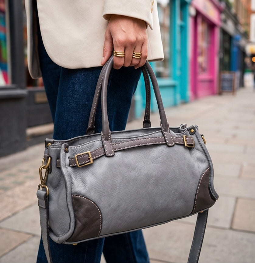 Q-SOFIA Vintage Smooth Calfskin Bag – Italian Leather, Zip-Top & Adjustable Strap, Small