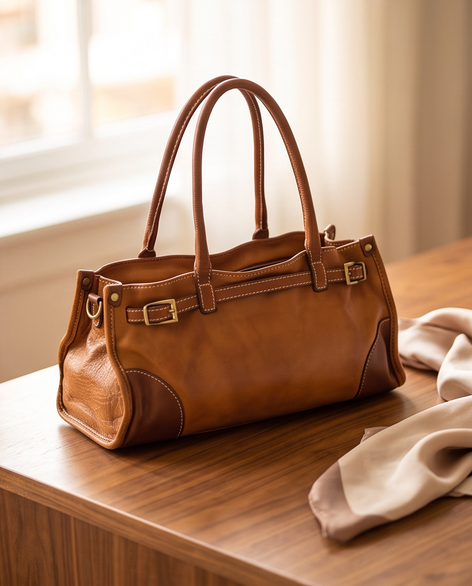 Q-SOFIA Vintage Smooth Calfskin Bag – Italian Leather, Zip-Top & Adjustable Strap, Small