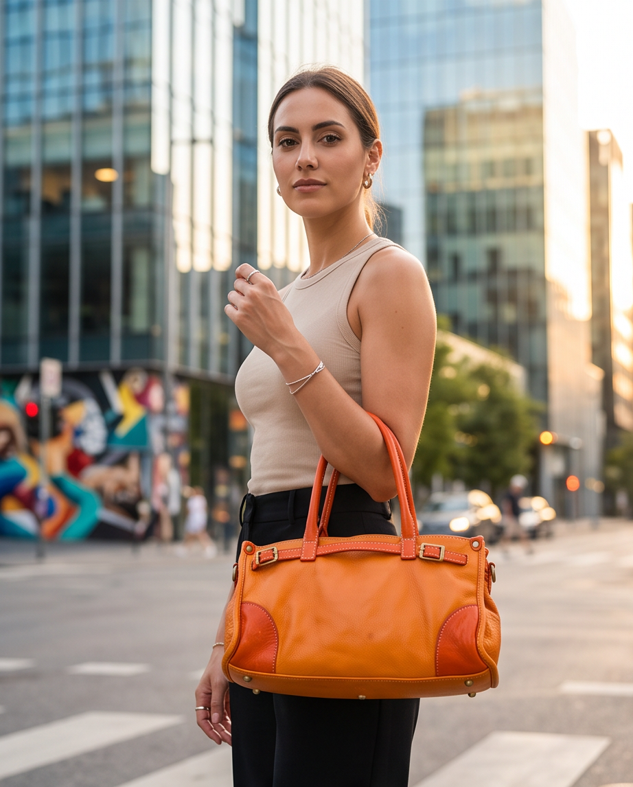 Q-SOFIA Vintage Smooth Calfskin Bag – Italian Leather, Zip-Top & Adjustable Strap, Small