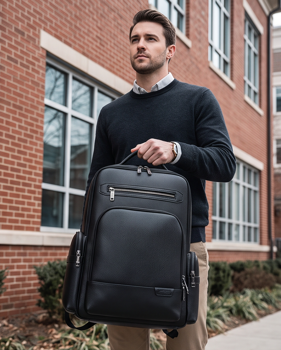 Q-THUNDER Genuine Leather Backpack – Large Capacity, USB Charging, TSA Lay-Flat & Ergonomic Straps