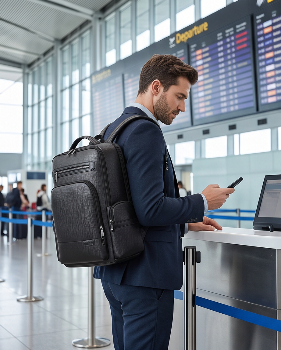 Q-THUNDER Genuine Leather Backpack – Large Capacity, USB Charging, TSA Lay-Flat & Ergonomic Straps