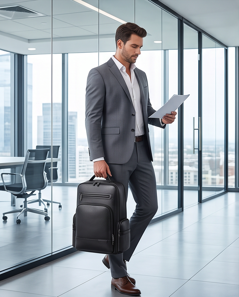 Q-THUNDER Genuine Leather Backpack – Large Capacity, USB Charging, TSA Lay-Flat & Ergonomic Straps