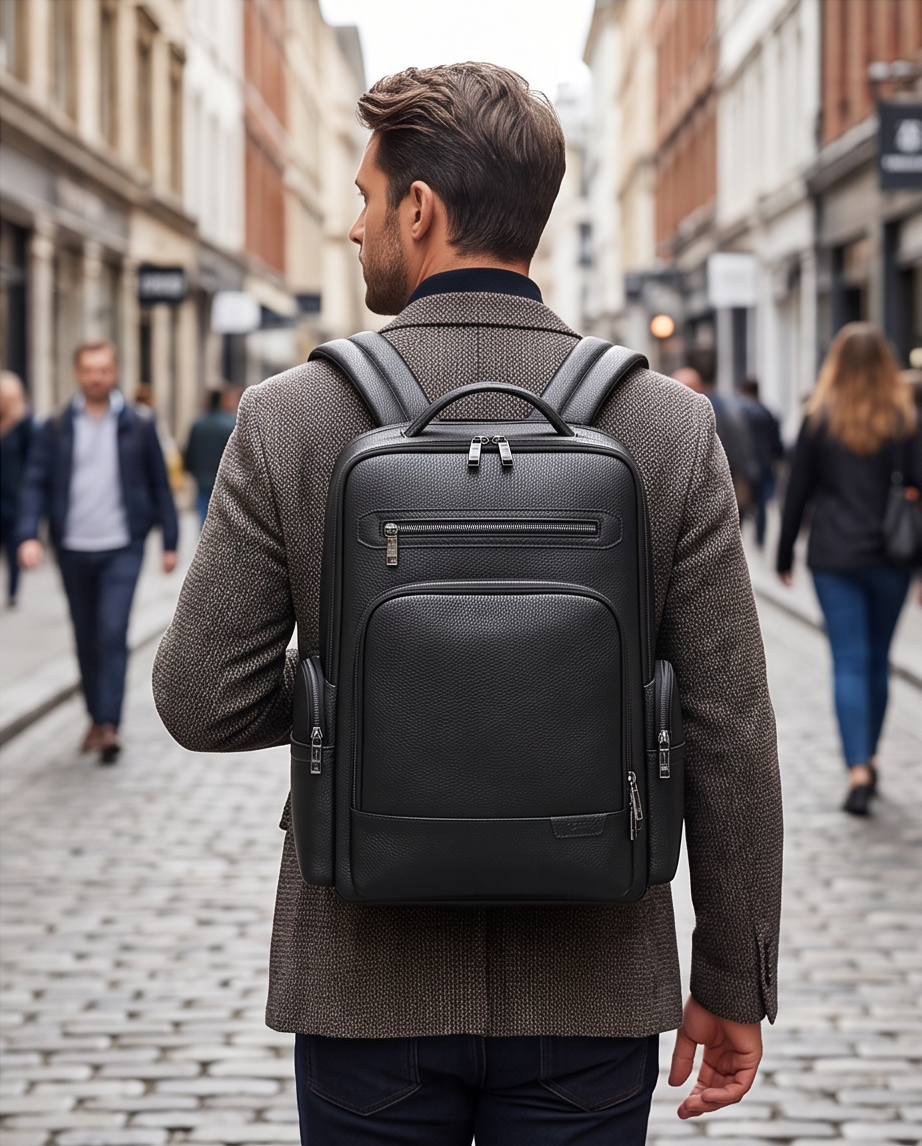 Q-THUNDER Genuine Leather Backpack – Large Capacity, USB Charging, TSA Lay-Flat & Ergonomic Straps