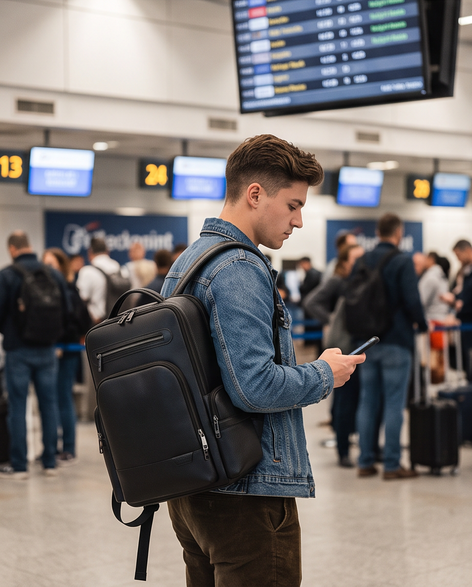 Q-THUNDER Genuine Leather Backpack – Large Capacity, USB Charging, TSA Lay-Flat & Ergonomic Straps