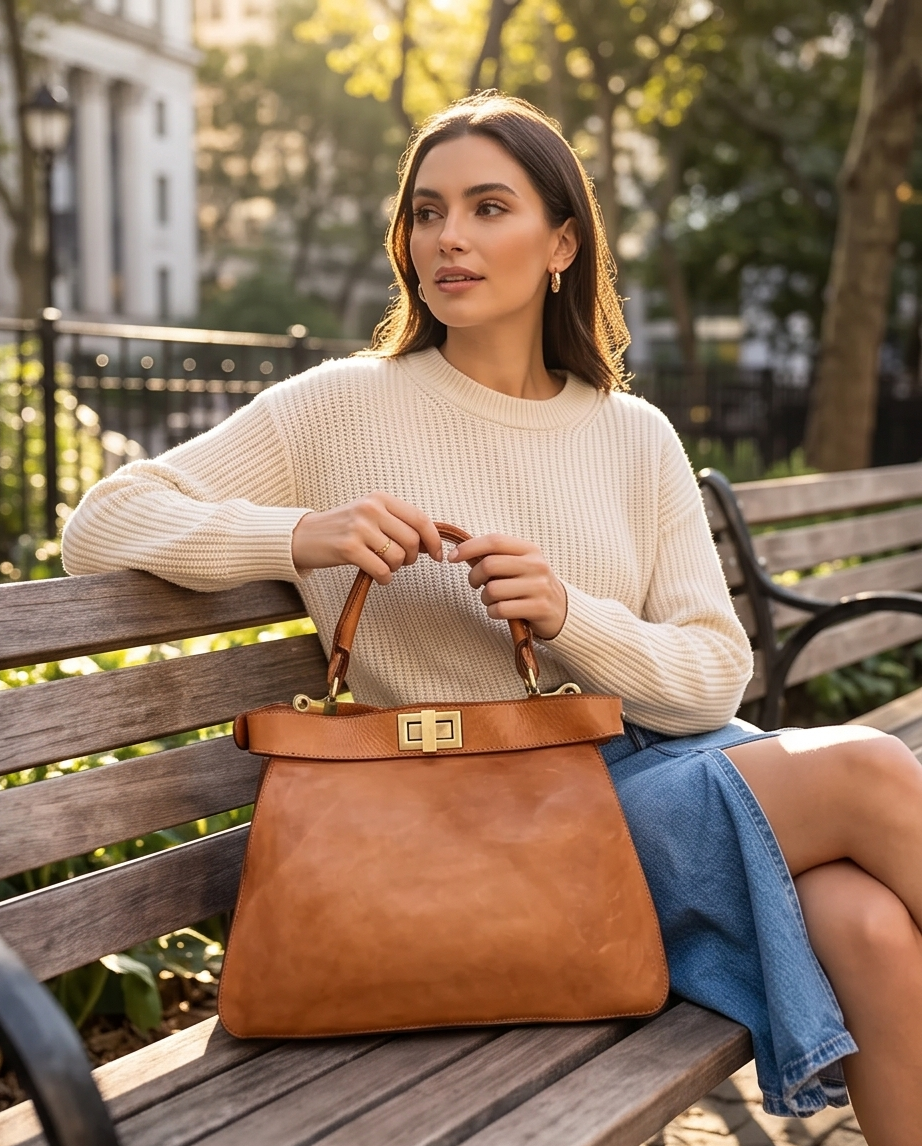 Q-GOLDEN Vintage Smooth Calfskin Bag – Double Compartment, Italian Leather & Adjustable Strap