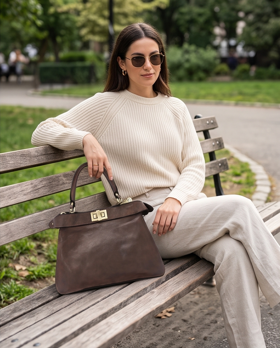 Q-GOLDEN Vintage Smooth Calfskin Bag – Double Compartment, Italian Leather & Adjustable Strap