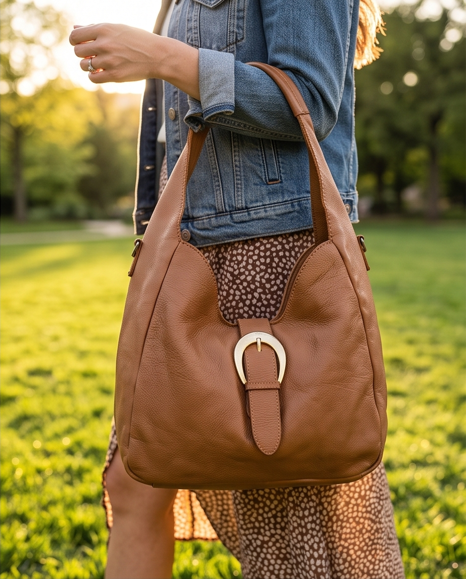 Q-WALK Vintage Smooth Calfskin Bag – Large, Italian Leather, Zip & Buckle Closure