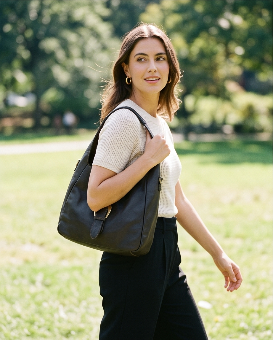 Q-WALK Vintage Smooth Calfskin Bag – Large, Italian Leather, Zip & Buckle Closure