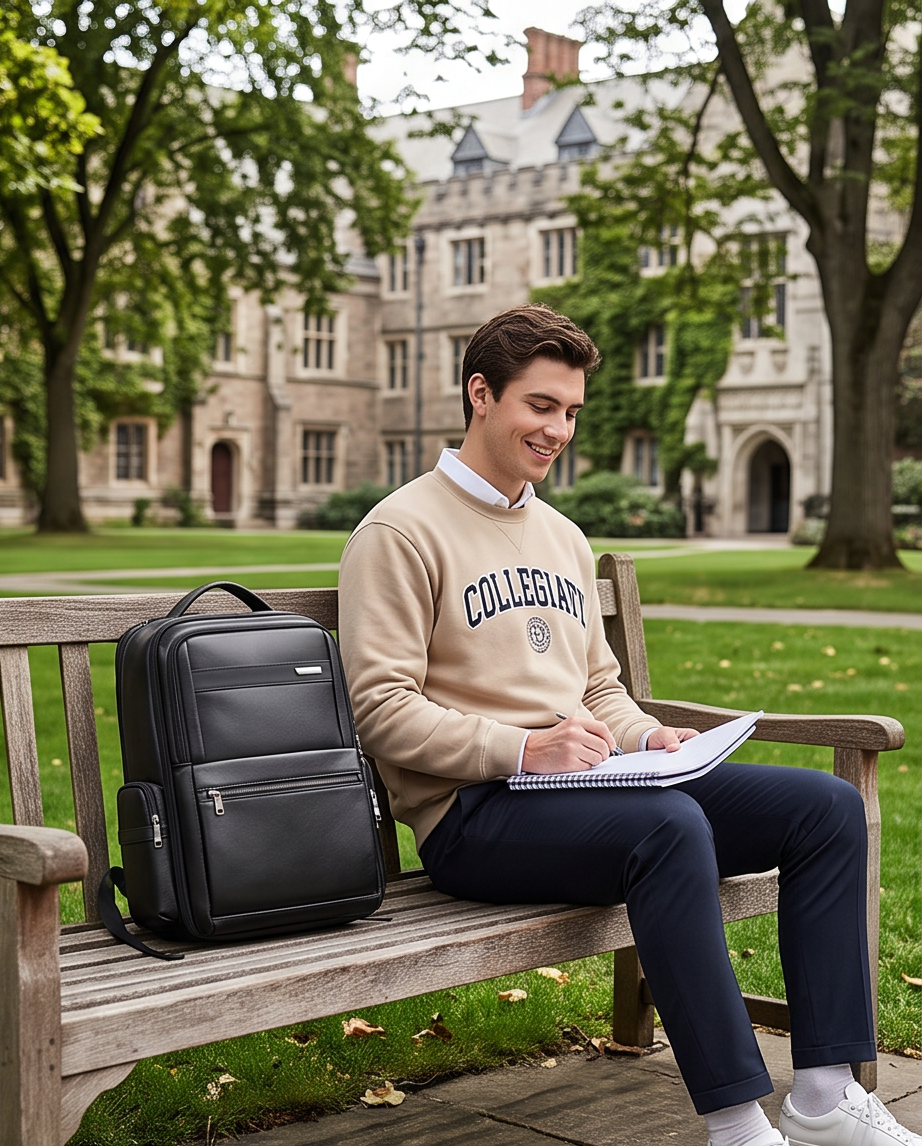 Q-DOMINIUM Genuine Leather Backpack – USB Charging, TSA Lay-Flat & Thickened Ergonomic Straps