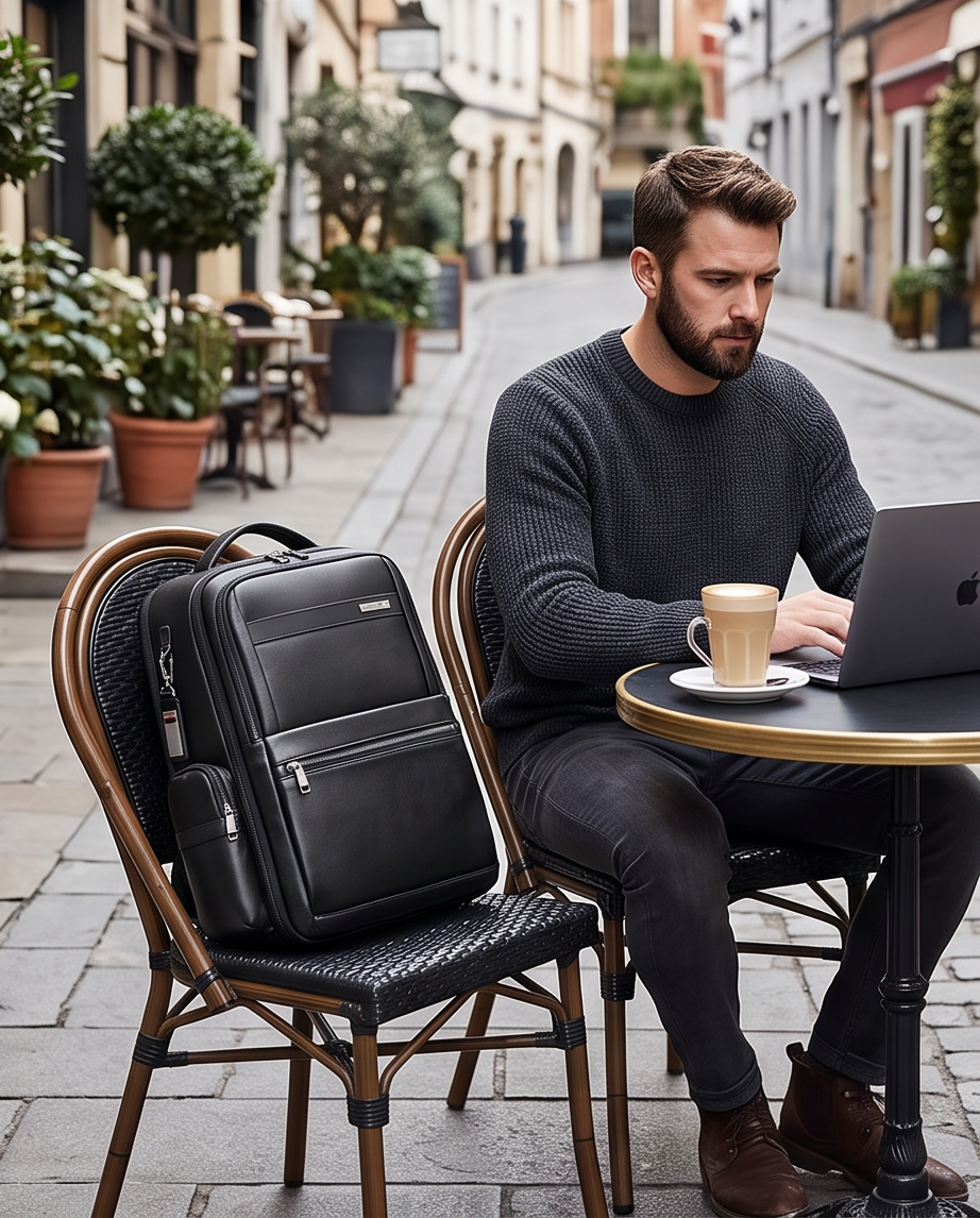 Q-DOMINIUM Genuine Leather Backpack – USB Charging, TSA Lay-Flat & Thickened Ergonomic Straps