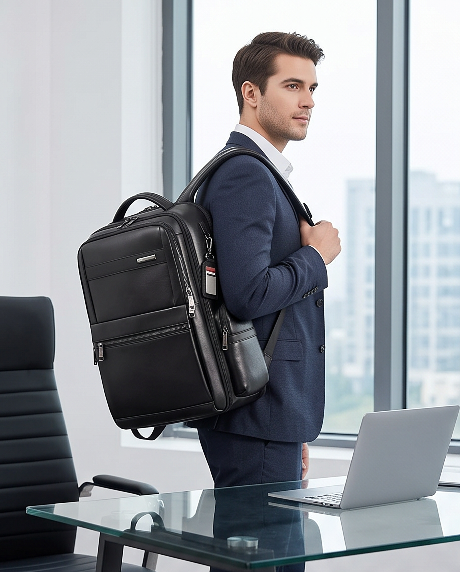 Q-DOMINIUM Genuine Leather Backpack – USB Charging, TSA Lay-Flat & Thickened Ergonomic Straps
