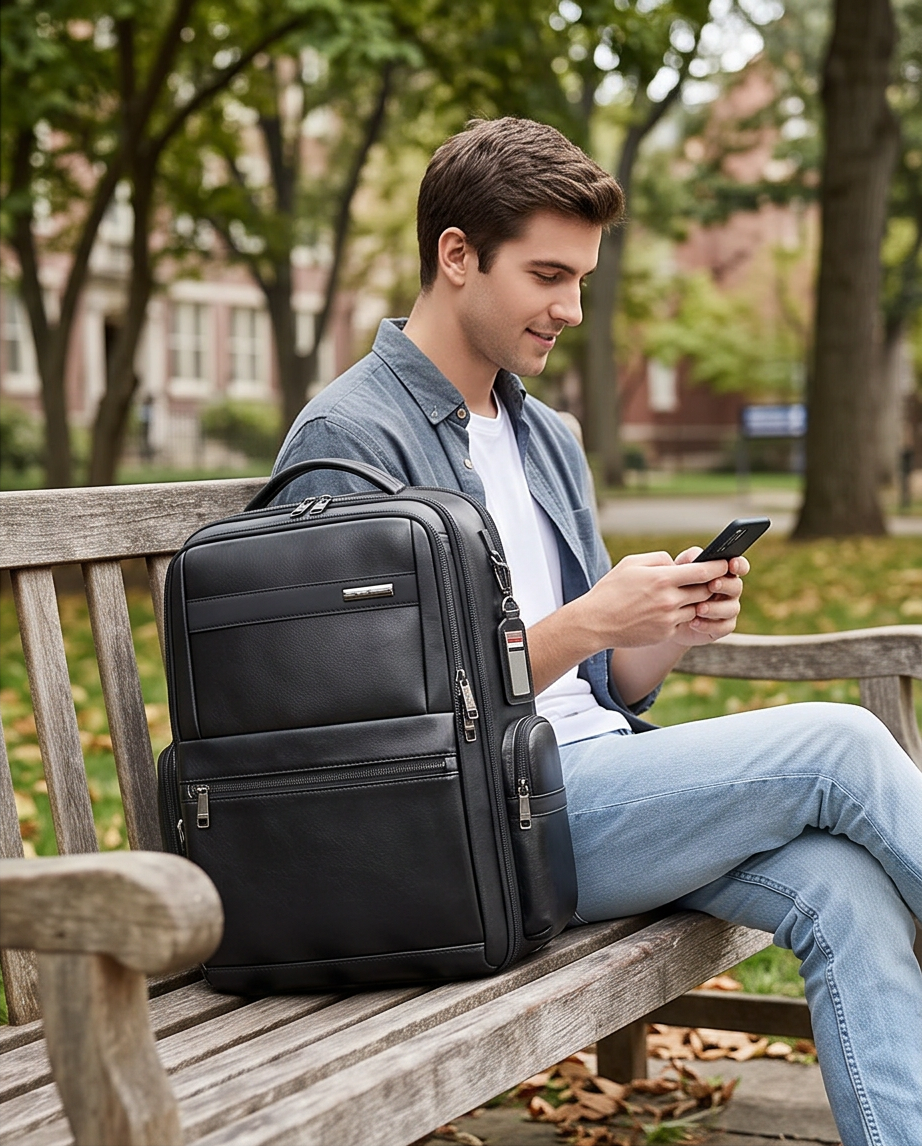 Q-DOMINIUM Genuine Leather Backpack – USB Charging, TSA Lay-Flat & Thickened Ergonomic Straps
